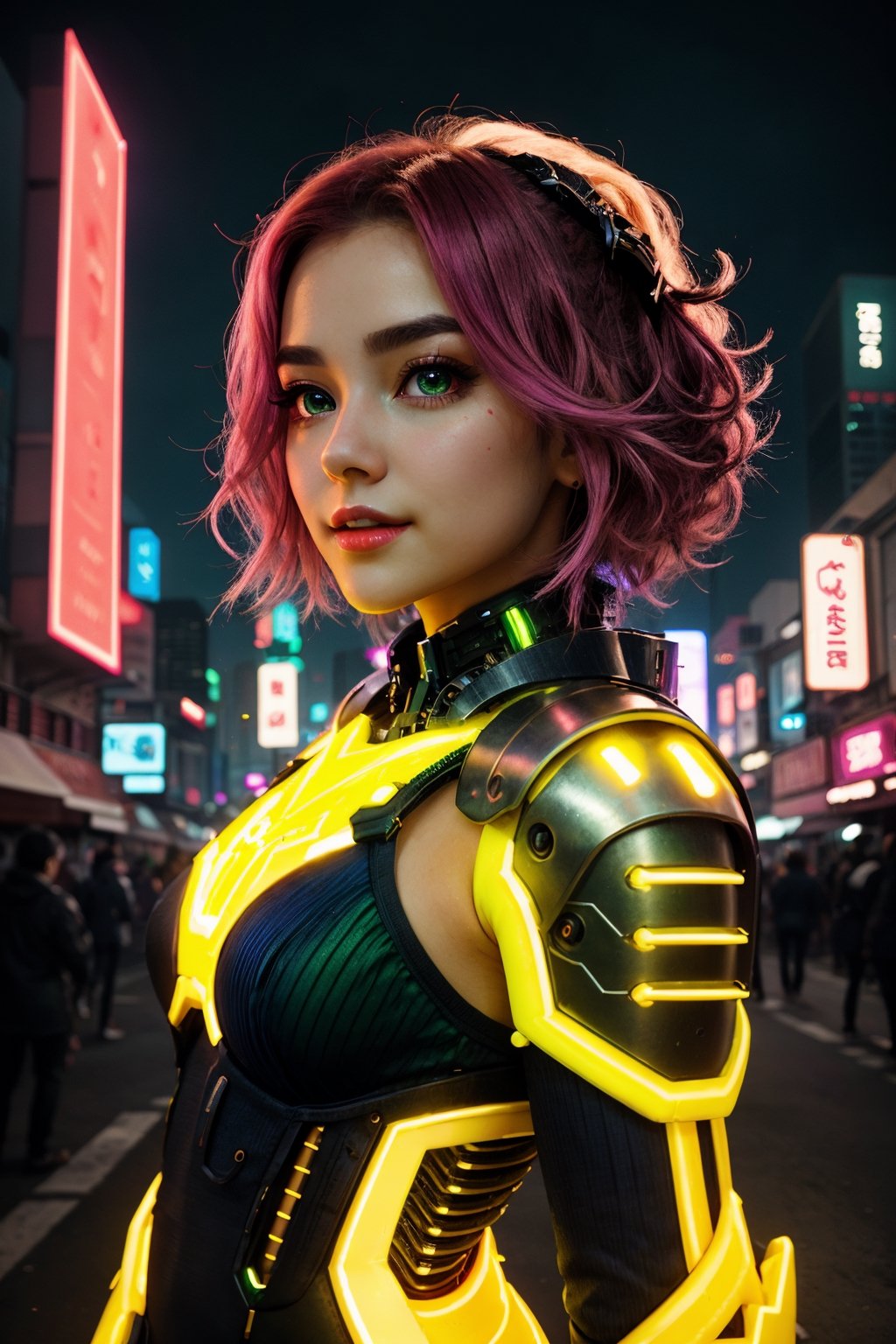 (Vivid neon night, detailed background), (petite cyborg girl, cute face, perky breasts), cute smile, Amidst the vibrant neon night of a futuristic cyberpunk city, the scene bursts with intricate details. A petite and cute cyborg girl, her face perfect and her anatomy flawless, stands with bright, glowing red eyes. Her absurdly long gradient red and green hair flows in the wind as she dons a detailed ribbed impossible bodysuit, featuring shoulder armor and cybernetic limbs, all captured from a dynamic angle.