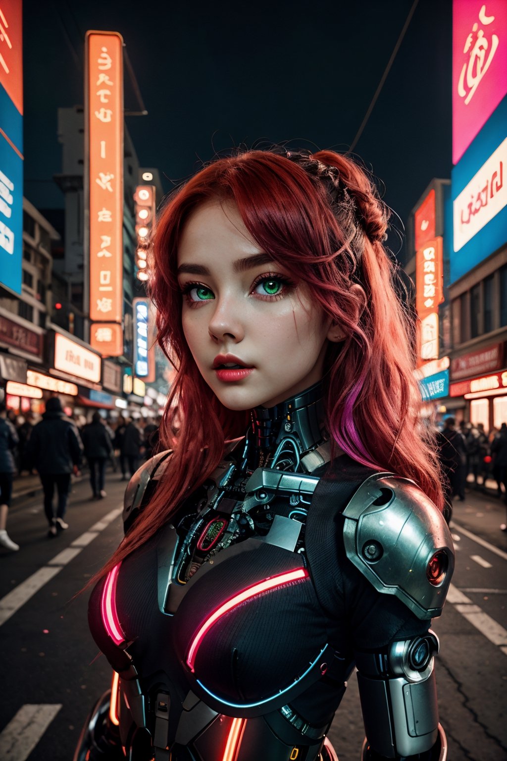 (Vivid neon night, detailed background), (petite cyborg girl, cute face, perky breasts), Amidst the vibrant neon night of a futuristic cyberpunk city, the scene bursts with intricate details. A petite and cute cyborg girl, her face perfect and her anatomy flawless, stands with bright, glowing red eyes. Her absurdly long gradient red and green hair flows in the wind as she dons a detailed ribbed impossible bodysuit, featuring shoulder armor and cybernetic limbs, all captured from a dynamic angle.