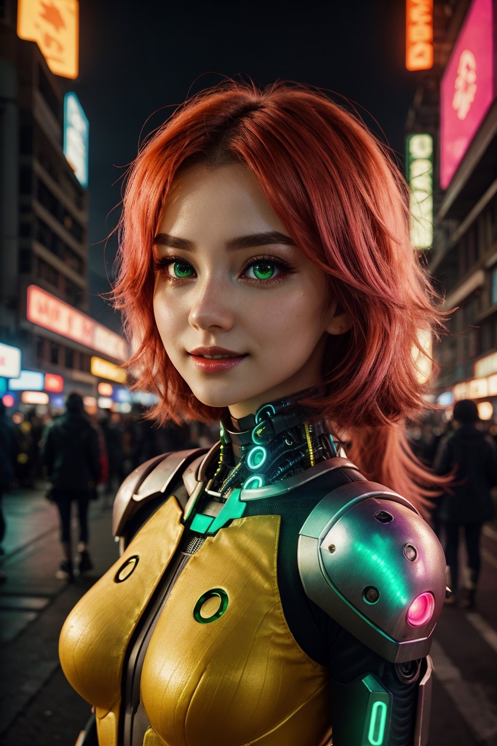 (Vivid neon night, detailed background), (petite cyborg girl, cute face, perky breasts), cute smile, Amidst the vibrant neon night of a futuristic cyberpunk city, the scene bursts with intricate details. A petite and cute cyborg girl, her face perfect and her anatomy flawless, stands with bright, glowing red eyes. Her absurdly long gradient red and green hair flows in the wind as she dons a detailed ribbed impossible bodysuit, featuring shoulder armor and cybernetic limbs, all captured from a dynamic angle.