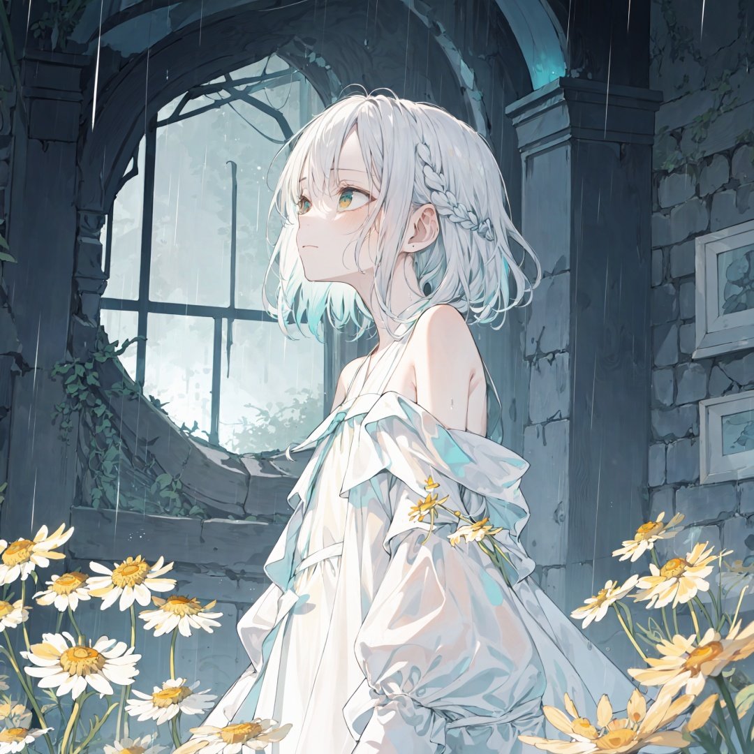 rain,dark,(((Chamomile))),Chamomile,cornflower,vines,forest,ruins,Blurred picture,lens flare,hdr,Tyndall effect,damp,wet,1girl,bare shoulders,cold theme,broken glass,broken wall,aqua theme,white hair,blinking,white dress,closed mouth,constel lation,flat color,braid,blinking,white robe,float,closed mouth,constel lation,flat color,looking up,standing,medium hair,standing,solo,