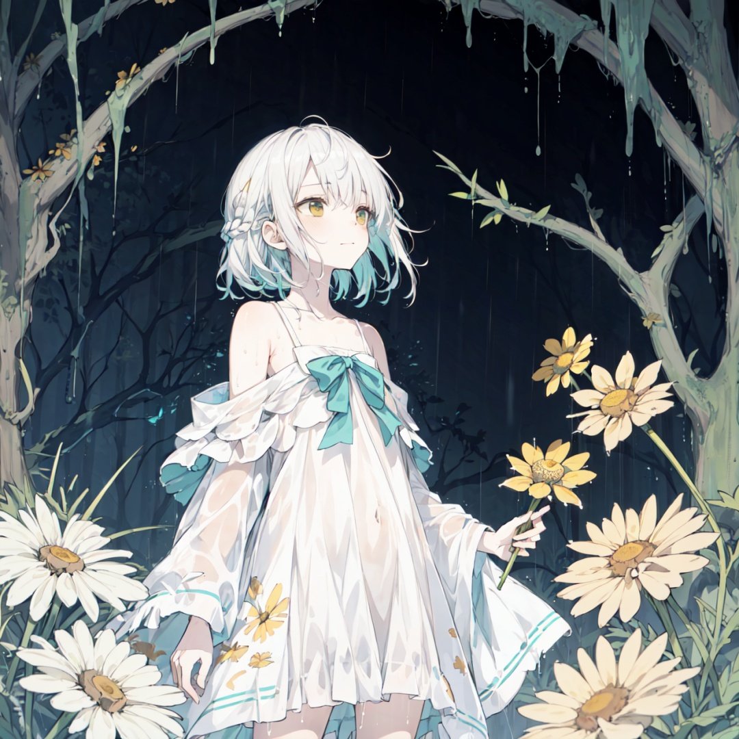 rain,dark,(((Chamomile))),Chamomile,cornflower,vines,forest,ruins,Blurred picture,lens flare,hdr,Tyndall effect,damp,wet,1girl,bare shoulders,cold theme,broken glass,broken wall,aqua theme,white hair,blinking,white dress,closed mouth,constel lation,flat color,braid,blinking,white robe,float,closed mouth,constel lation,flat color,looking up,standing,medium hair,standing,solo,