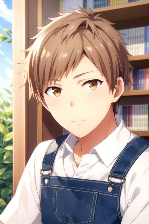 masterpiece, best quality, , 1boy, solo, male focus, looking at viewer, , depth of field, (watercolor illustration, soft pastel colors:1.1), realistic, <lora:taiyou_ooga:0.74>, taiyou_ooga, brown hair, brown eyes, overalls, , biopunk, 12k resolution