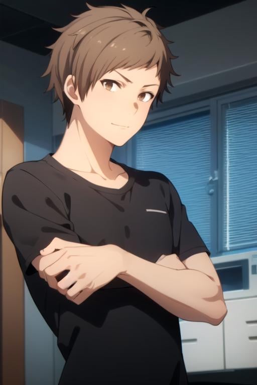 masterpiece, best quality, game cg, 1boy, solo, male focus, looking at viewer, upper body, , , realistic, <lora:taiyou_ooga:0.74>, taiyou_ooga, brown hair, brown eyes, t-shirt dress, , science fiction horror,