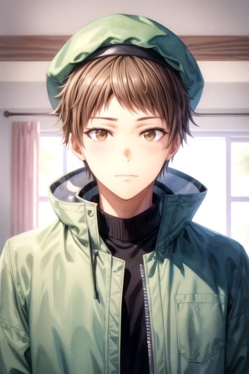 masterpiece, best quality, wallpaper, 1boy, solo, male focus, looking at viewer, , depth of field, (watercolor illustration, soft pastel colors:1.1), , <lora:taiyou_ooga:0.70>, taiyou_ooga, brown hair, brown eyes, parka, cloche hat, , 12k resolution