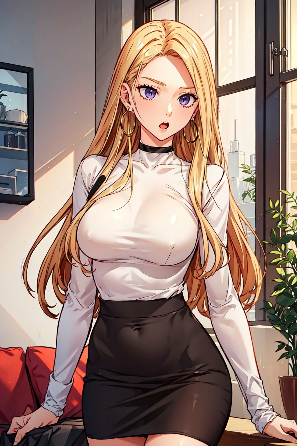 blonde hair,  long hair,  purple eyes,  masterpiece,  best quality hoop earrings,  by night,  choker,  shirt,  1girl,  indoors,  jewelry,  skirt,  bay window,  living room,  large breasts,  building,  :o,  white turtleneck shirt,  black skirt,  standing,  upper body,  best quality,  black tights,  looking away,  fixing hair , Criin Style, <lora:EMS-44508-EMS:0.500000>, , <lora:EMS-42171-EMS:0.500000>