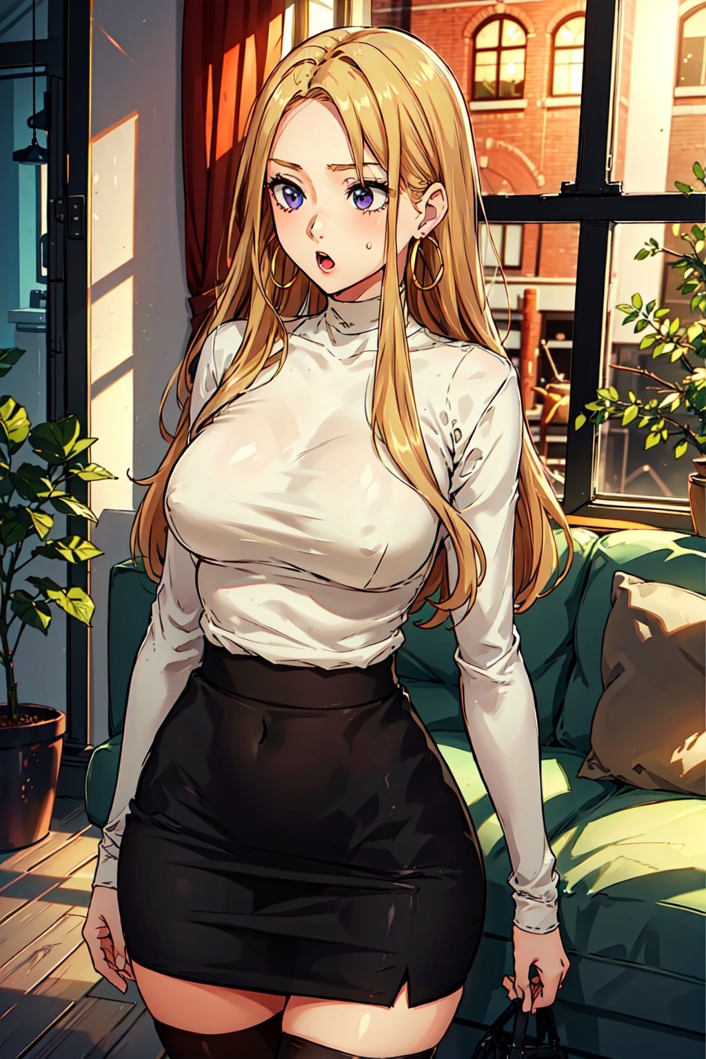  blonde hair, long hair, purple eyes, masterpiece, best quality hoop earrings, by night, choker, shirt, 1girl, indoors, jewelry, skirt, bay window, living room, large breasts, building, :o, white turtleneck shirt, black skirt, standing, upper body, best quality, black tights, looking away, fixing hair 