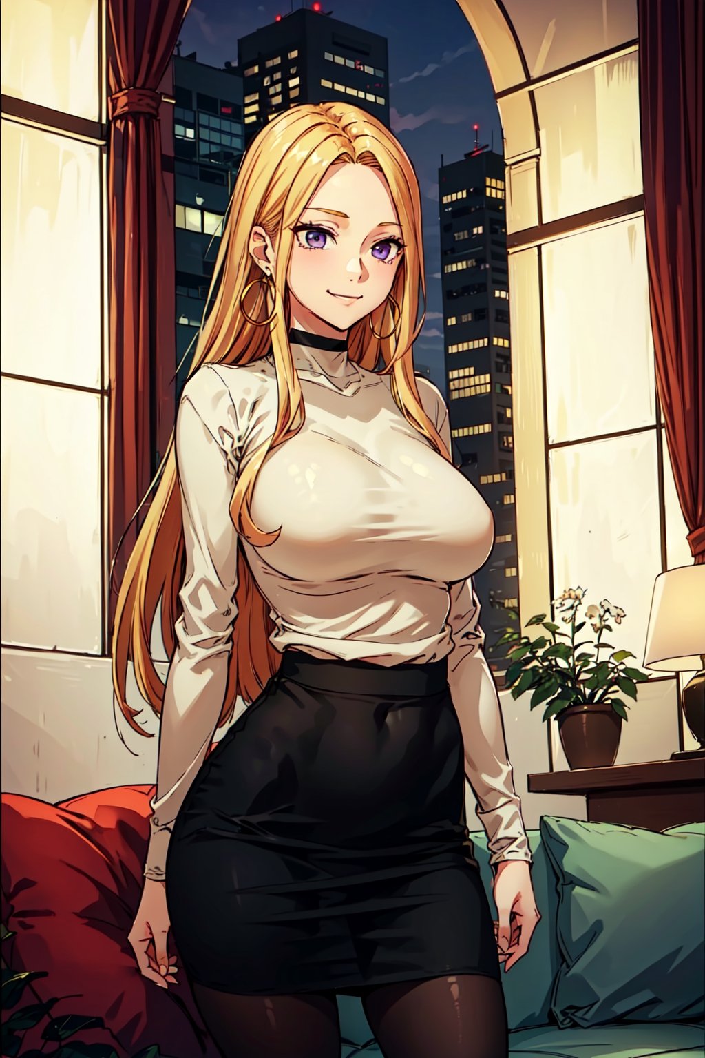  blonde hair, long hair, purple eyes, masterpiece, best quality hoop earrings, by night, choker, shirt, 1girl, indoors, jewelry, skirt, bay window, living room, large breasts, building, smirk, :), red turtleneck shirt, black skirt, standing, upper body, best quality, black tights, looking away