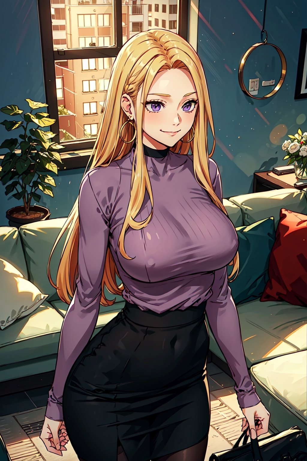  blonde hair, long hair, purple eyes, masterpiece, best quality hoop earrings, by night, choker, shirt, 1girl, indoors, jewelry, skirt, bay window, living room, large breasts, building, smirk, :), red turtleneck shirt, black skirt, standing, upper body, best quality, black tights, looking away