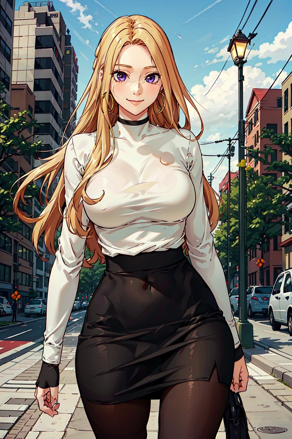  blonde hair, long hair, purple eyes, masterpiece, best quality hoop earrings, sky, choker, plaid, shirt, 1girl, outdoors, cloud, tree, jewelry, skirt, lamppost, large breasts, building, smile, white turtleneck shirt, black skirt, standing, upper body, masterpiece, best quality, black tights, looking away 