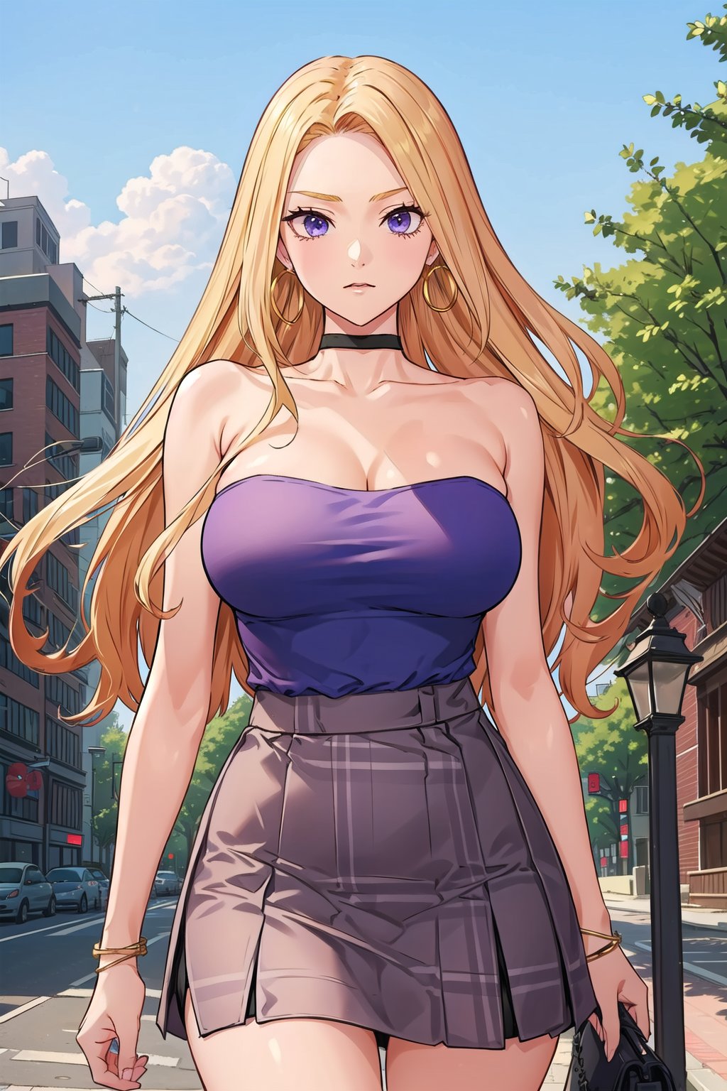 blonde hair,  long hair,  purple eyes,  masterpiece,  best quality hoop earrings,  sky,  choker,  plaid,  shirt,  1girl,  collarbone,  outdoors,  cloud,  tree,  jewelry,  black choker,  white top,  skirt,  lamppost,  large breasts,  strapless,  jearrings,  building,  solo focus,  closed mouth, Criin Style, <lora:EMS-44508-EMS:0.500000>, , <lora:EMS-42171-EMS:0.500000>