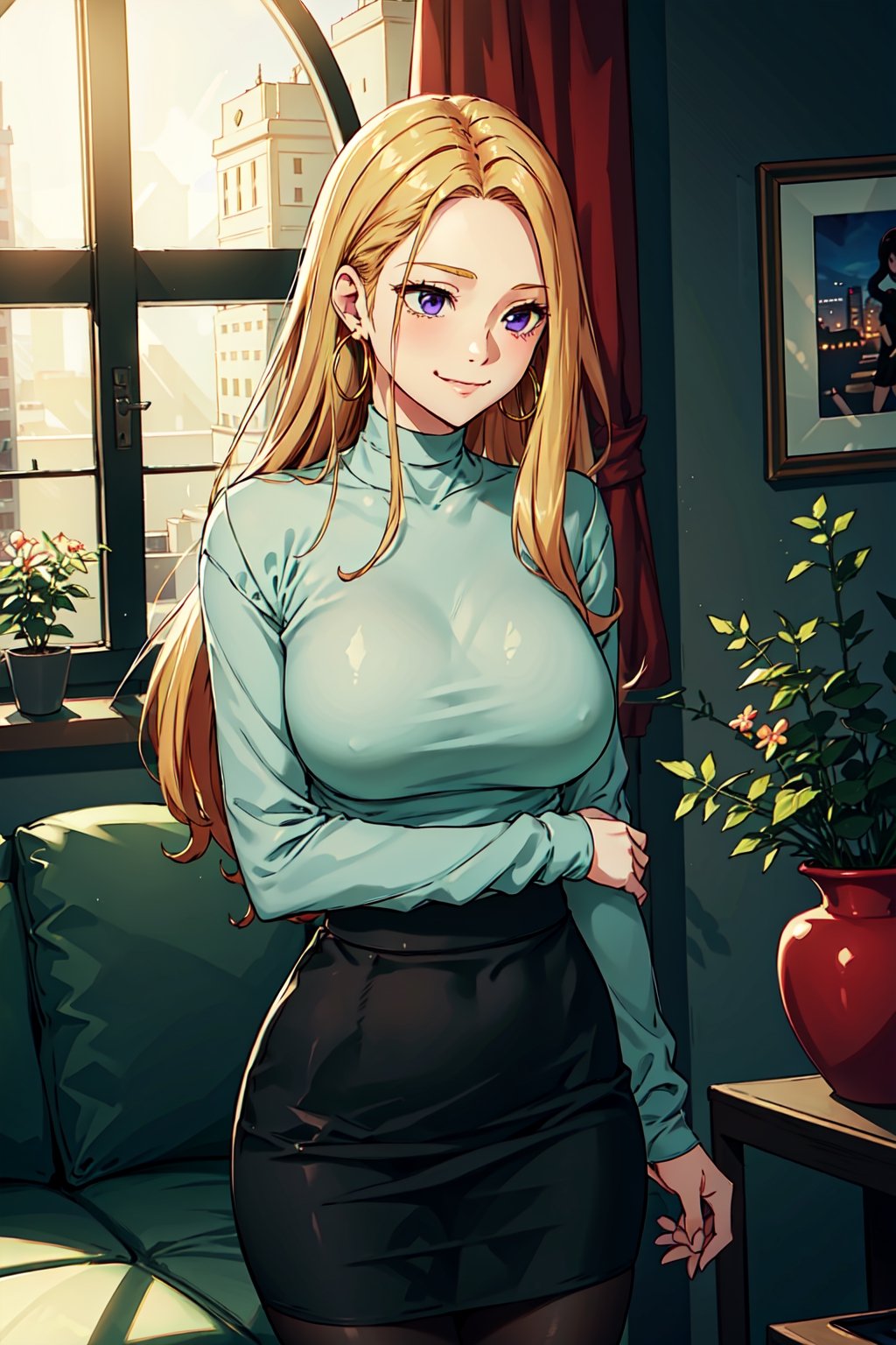  blonde hair, long hair, purple eyes, masterpiece, best quality hoop earrings, by night, choker, shirt, 1girl, indoors, jewelry, skirt, bay window, living room, large breasts, building, smirk, :), red turtleneck shirt, black skirt, standing, upper body, best quality, black tights, looking away, adjusting hair