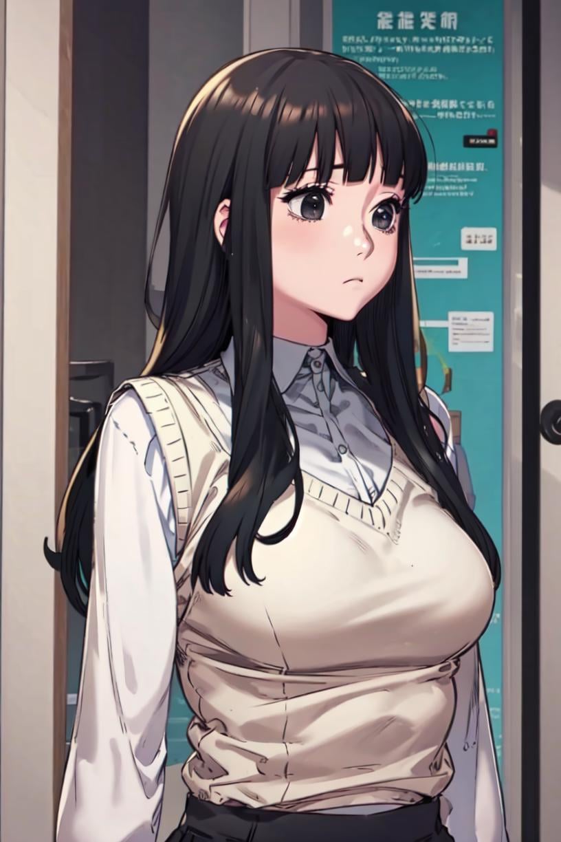 <lora:Anna_SW:0.8>, Annadef, black hair, black eyes, long hairmasterpiece, best qualitysweater vest, white shirt, looking to the side, 1girl, upper body, closed mouth, bangs, large breasts,  looking away, shirt, blunt bangs, solo, collared shirt, expressionless