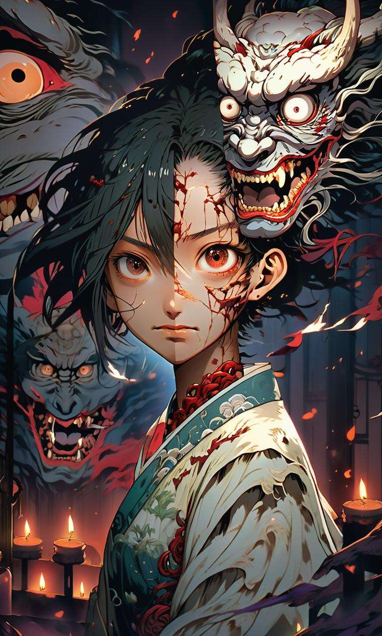 anime artwork anime artwork ((masterpiece)),((best quality)),8k,high detailed,ultra-detailed,intricate detail,((huapighost)),close-up,1girl,Chinese folklore,a dimly lit chamber where a demonic entity unveils its grotesque form beneath a stolen human visage,(terrifying and grotesque),Flickering candlelight casting eerie shadows,(shadows of deceit),Haunting and nightmarish atmosphere,muted tones and stark contrasts,Asymmetric composition,Unreal Engine rendering,capturing the horror of the revelation,<lora:huapighost:1>, . anime style, key visual, vibrant, studio anime,  highly detailed