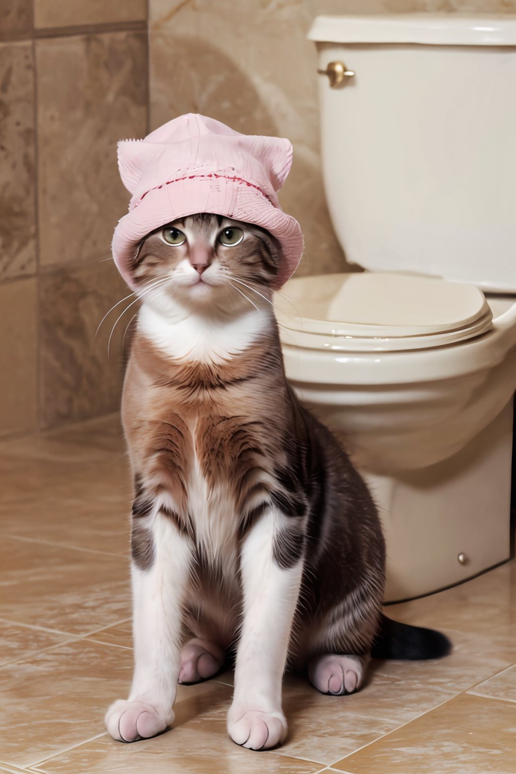 (absurdres, highres, ultra detailed, high resolution:1.1), cat, realistic, non-human, hairy, hat, cute, full body, (dressed animal, clothed animal:1.2),pussy,BSP,toilet