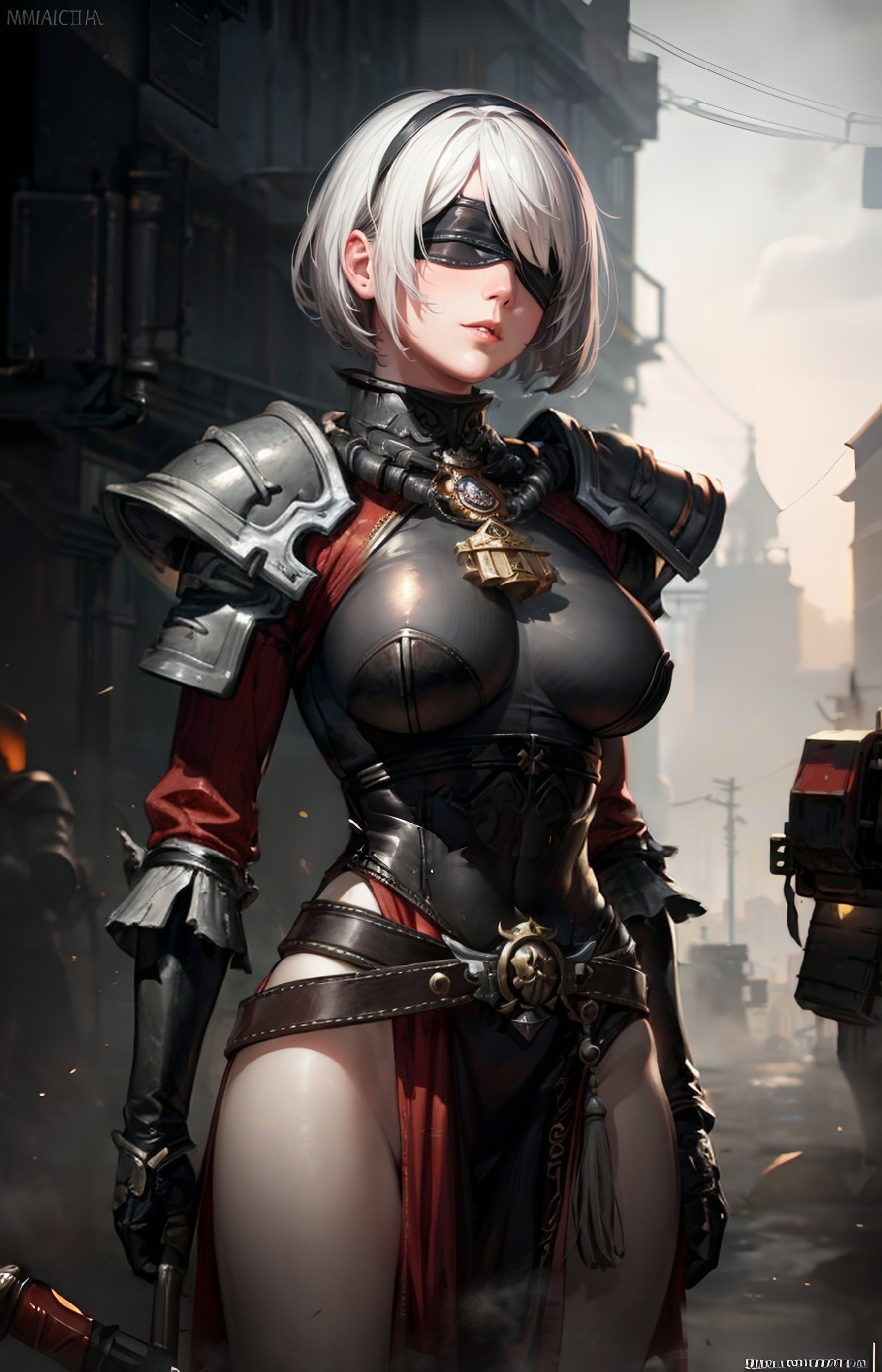 masterpiece, best quality, highres, best quality, the greatest details, 8k, UHD, HD, 1girl, realistic, side lighting, wallpaper,<lora:WH40KSisters_V2rank8:1>, <lora:y2b_v2-1:0.7>, <lora:add_detail:1>, <lora:easynegative:1>,(Photo up to the waist, up to the waist:1.2), hm2b, black blindfold, White hair, Short hair, warhammer 40k, space marine, (black metal armor), dirty armor, knight, necklace, extreme detailed pattern, bakcpack, adepta sororitas, belt, Closed mouth, slight smile,Gorgeous lips, Average breasts, mature female, 