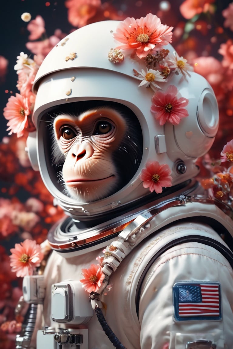 cinematic photo, perfectly centered monkey portrait detailed astronaut with flowers explosion helmets,anatomical drawing,dripping paint,coquelicot color,volumetric lighting,unreal engine,blender model,3d model,incredible bokeh . 35mm photograph,film,bokeh,professional,4k,highly detailed,