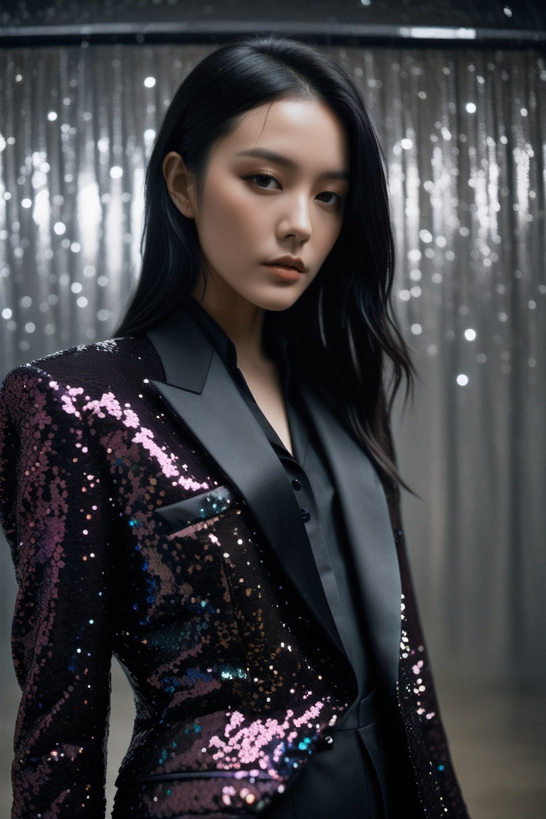breathtaking lovecraftian horror , eldritch, cosmic horror, unknown, mysterious, surreal, highly detailed, Fujifilm FP-100C, Tom Ford sequin-embellished tuxedo jacket with satin lapels, positive space composition, Rick Owens (瑞克·欧文斯), girl, 1girl, solo . award-winning, professional, highly detailed