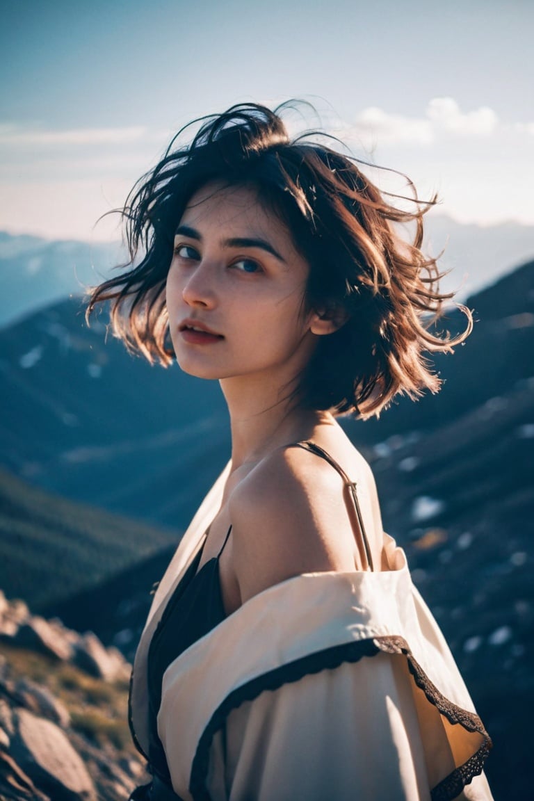 1girl, high and light, grainy,indifferent, hazy,outdoor,gentle,trendy,best quality,FilmGirl,Dark Majic,Low angle shooting, messy hair, collarbone,night,on the mountain top,strong wind,looking_at_viewer,short_hair,black-hair