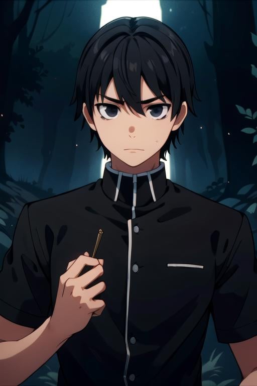 masterpiece, best quality, , 1boy, solo, male focus, looking at viewer, upper body, depth of field, , , <lora:amatsuyu_kisaragi:0.70>, amatsuyu_kisaragi, black hair, black eyes, shirt, , The Vale of Shadows: A dark and foreboding valley where no sunlight ever penetrates, HD