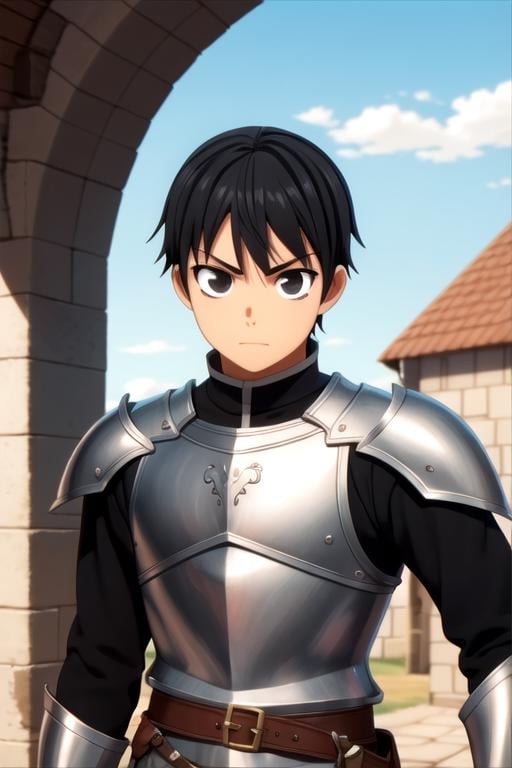 masterpiece, best quality, photorealistic, 1boy, solo, male focus, looking at viewer, upper body, depth of field, anime coloring, , <lora:amatsuyu_kisaragi:0.74>, amatsuyu_kisaragi, black hair, black eyes, knight costume, medieval europe, 8k resolution