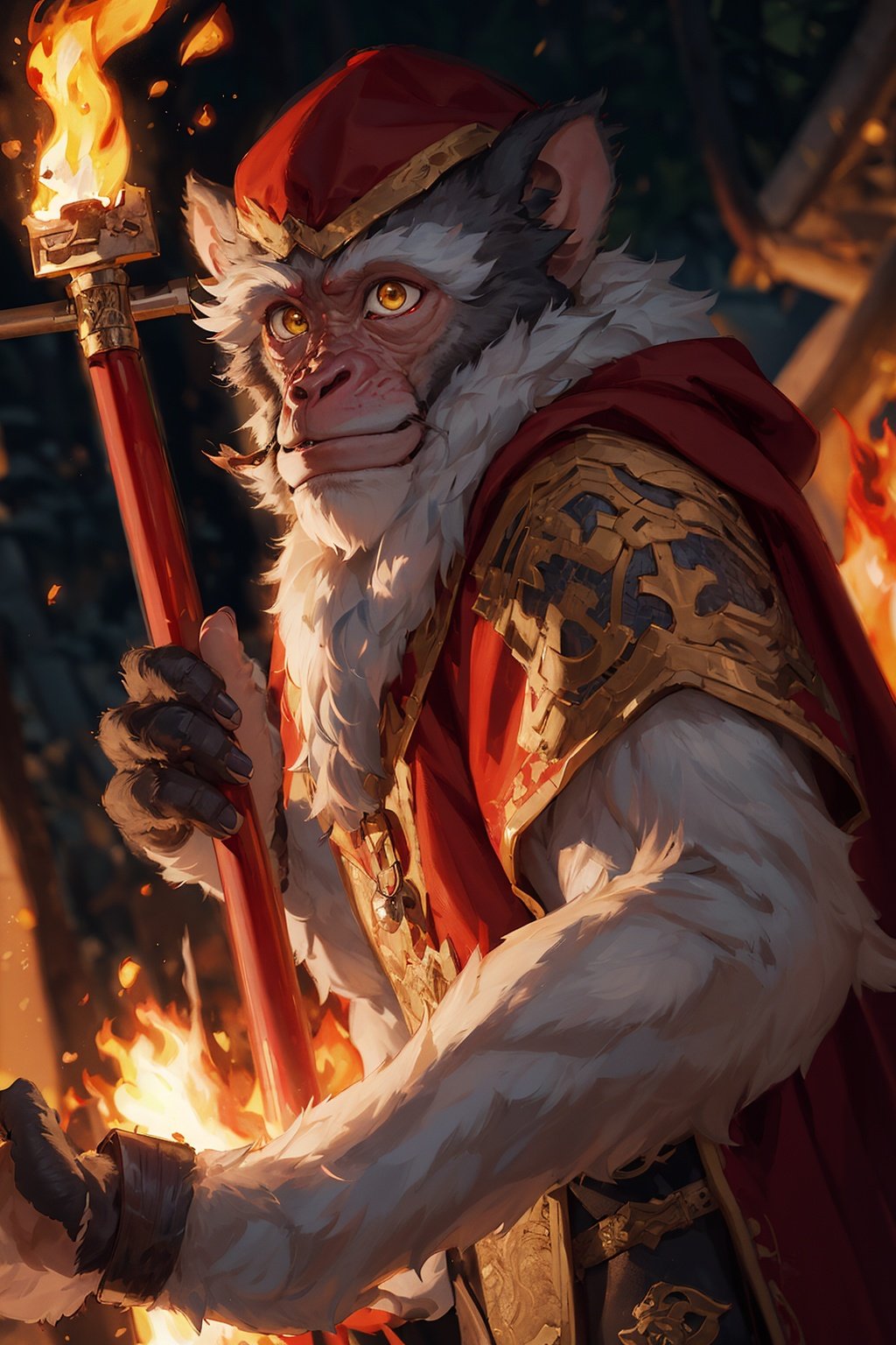 masterpiece, best quality,wukong,jgb , China,(fire:1.4),Cloak,(Realistic:1.4),8k,fire eyes, ,furry,monkey tail