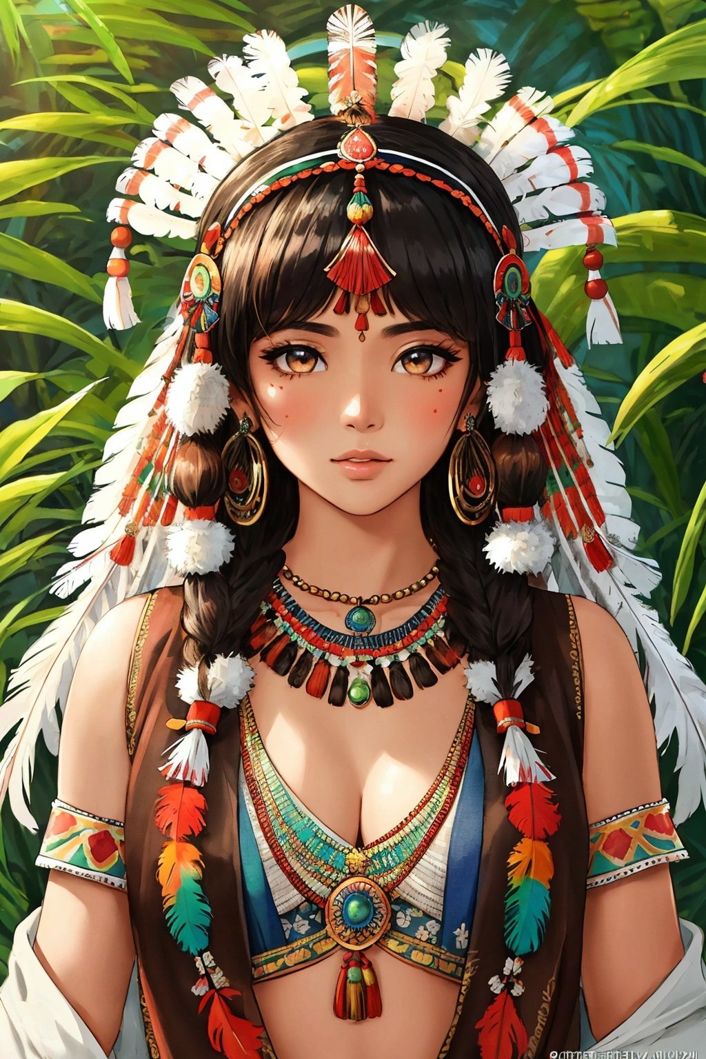 我的文件助手  16:17:37
(((best quality))),(((highly detailed))),(((masterpiece))),(((ultra-detailed))),(((illustration))),(((extremely detailed))),((exciting)), Native Indian, 1 Indian girl, whole body, (((Indian feather headdress))), Indian necklace, delicate and beautiful face, graffiti on the face, beautiful eyes, watercolor, splash ink, brown crystal eyes, highlight, tropical plants, macaws, highlight, rich pictures, ultra clear, perfect, high-definition, 8k

我的文件助手  16:17:39
(((best quality))),(((highly detailed))),(((masterpiece))),(((ultra-detailed))),(((illustration))),(((extremely detailed))),((exciting)), Native Indian, 1 Indian girl, whole body, (((Indian feather headdress))), Indian necklace, delicate and beautiful face, graffiti on the face, beautiful eyes, watercolor, splash ink, brown crystal eyes, highlight, tropical plants, macaws, highlight, rich pictures, ultra clear, perfect, high-definition, 8k

