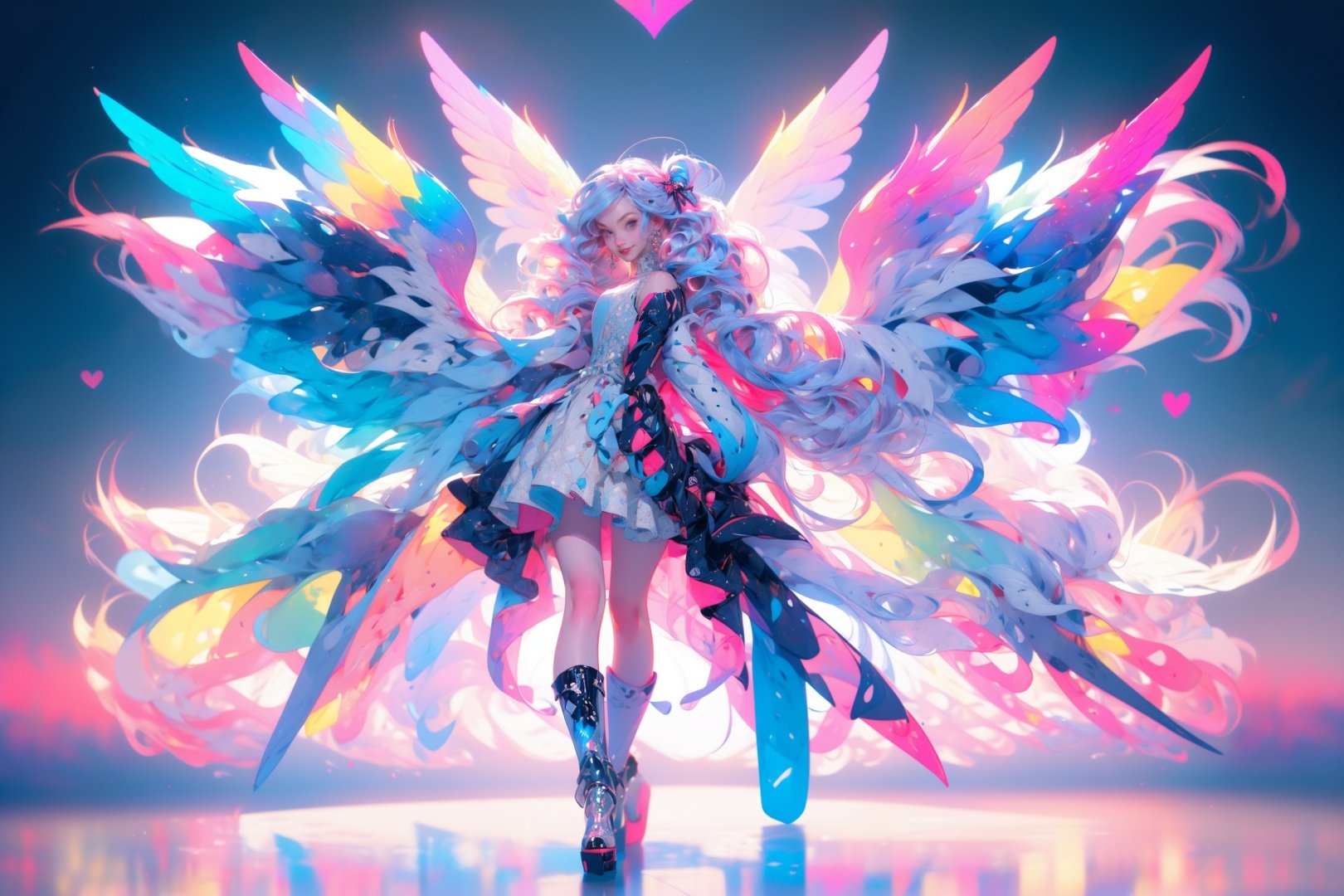 (masterpiece:1.2), best quality,PIXIV,Colorful portraits, multicolored,1girl, solo, long hair, heart, very long hair, wings, pink hair, looking at viewer, dress, blue eyes, bangs, white wings, bow, twintails, full body, standing, boots, multicolored hair, white footwear, high heels, bottle, smile, hair bow, hair ornament