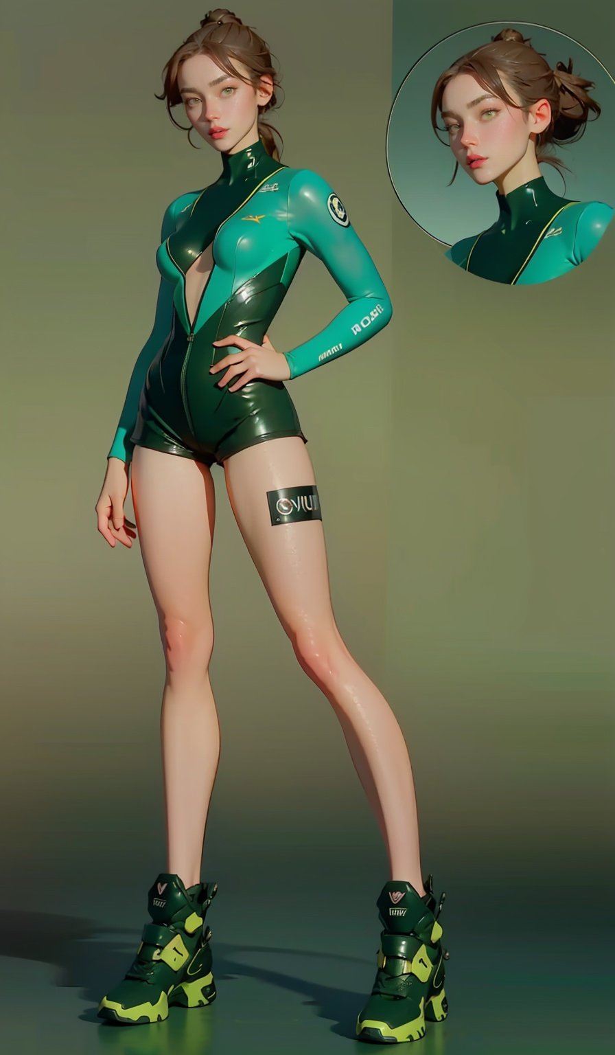 best quality, ultra high res, photoshoot, (photorealistic:1.4), 1girl, red eyes,super big tits, ponytail, she is wearing (green:1.5) Special forces bodysuit, shorts, looking at viewer, facing front, wide angle, makeup, full body, stand, sexy, hot,shoushou