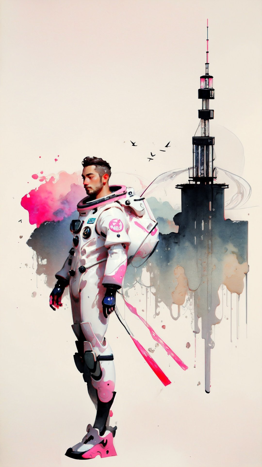 Ultra high quality, detailed details, the best paintings, minimalist style, white pink style, astronauts wearing white spacesuits standing in front of pink clouds, Bieple Art, Bieple Art, Jane Bartel, Bieple Daily Art, Bieple Superrealism, a blend of Bibple's styles, Arjom Demura Bibple, Bibple's masterpiece, pink and white colors,Pink Mecha,Fire,foreground,Colorful portraits,zydink,white background