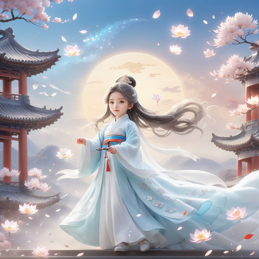 masterpiece, 1 boy, 20 years old, Long white hair, fantastical scenes, full body, White Han suit, Light blue sky, The background is a huge magic array., Characters floating in the air, A lot of particle special effects., (White shoes:1.2), Chinese architecture, Floor, Fallen leaves, Big skirt, Mopping skirt, best quality,True Love,blue and white porcelain,1 cute little girl,solo