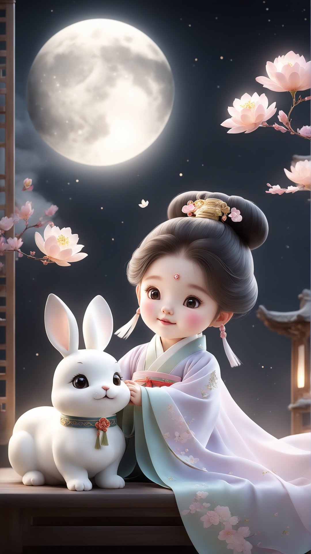 1 Cute little girl,solo,Hanfu,moon rabbit,dog,book,flower,<lora:lovelygirlXLv2:0.8>,masterpiece,best quality,