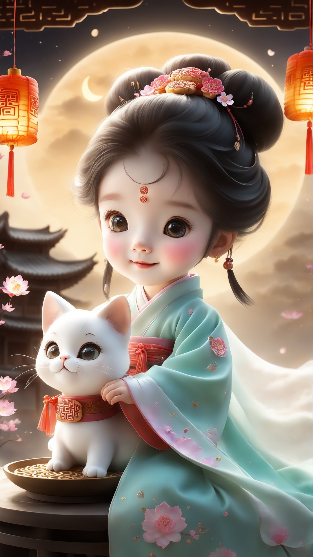 1 Cute little girl,solo,Hanfu,moon cake,cat,<lora:lovelygirlXLv2:0.8>,masterpiece,best quality,