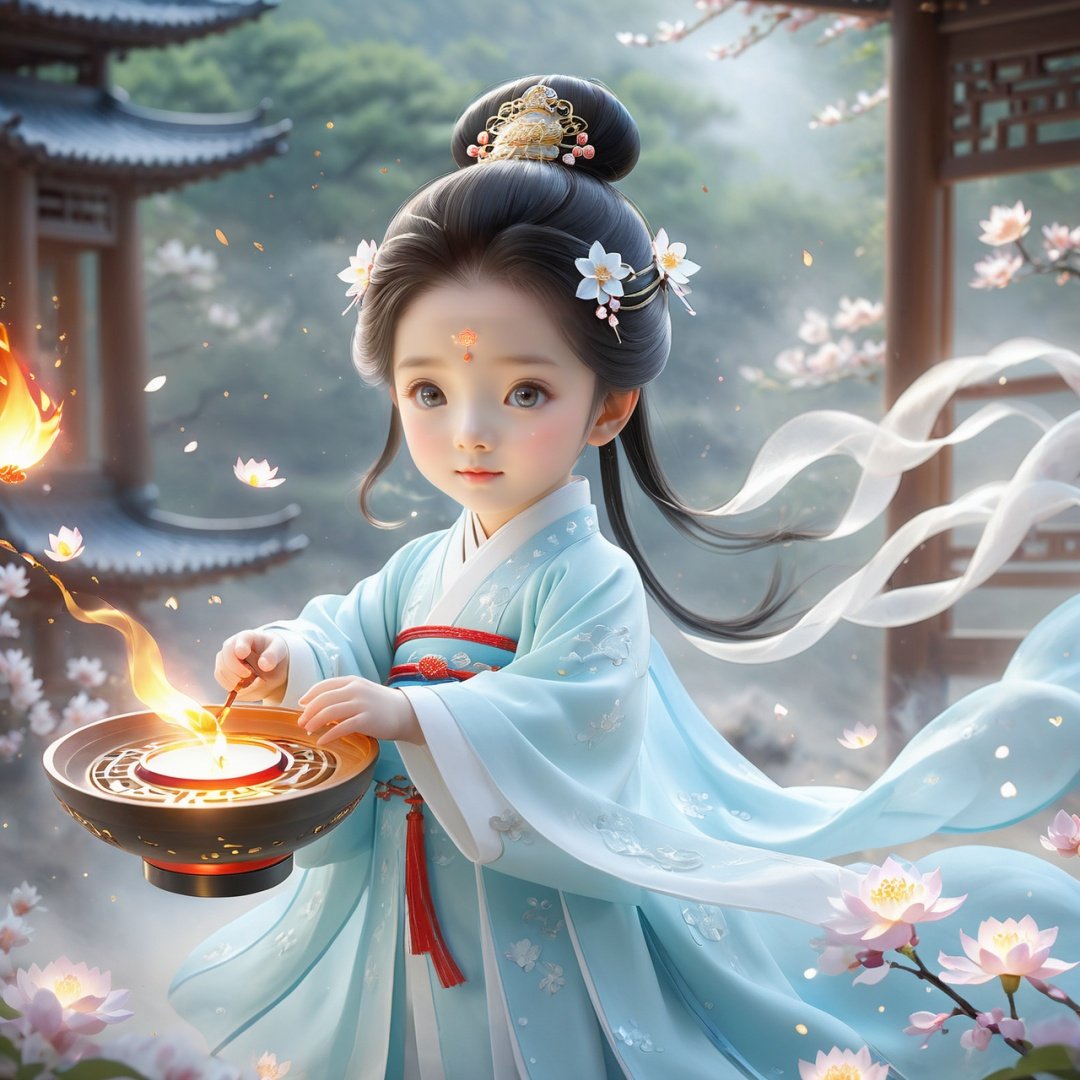 masterpiece, 1 boy, Hanfu, Use fire magic, Flame element, Fantasy art, Flying sparks, The background is Magic Array.,True Love,blue and white porcelain,1 cute little girl