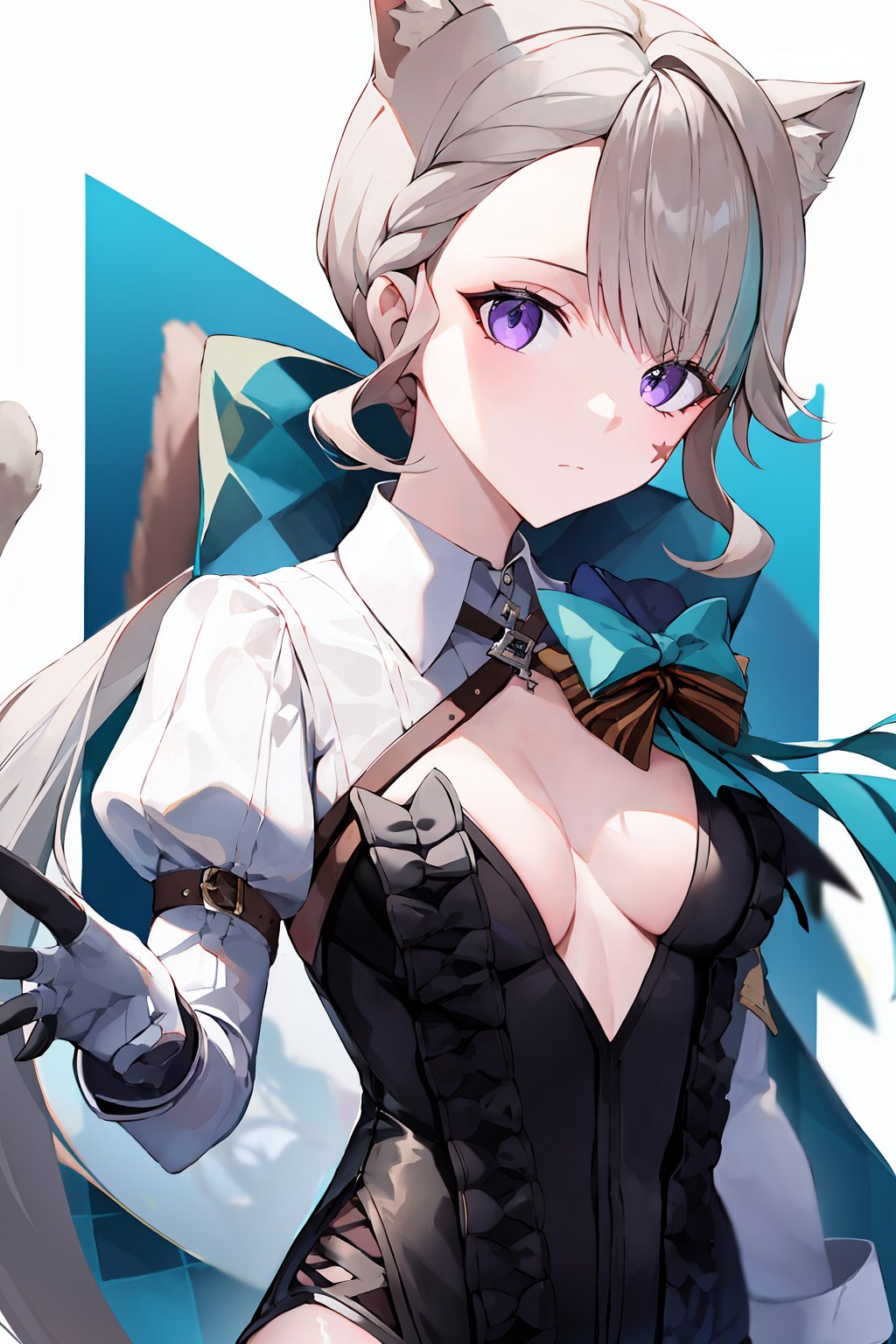 Masterpiece, best quality, 1girl, solo, GI Lynette, bangs, purple eyes, sidelocks, grey hair, braided bangs, cat ears, ponytail, long hair, cat girl, cat tail, black leotard, white shirt, chest strap, bow, aqua bow, cleavage, puffy sleeves, long sleeves, white gloves, looking at viewer, expressionless, upper body, dynamic pose,  