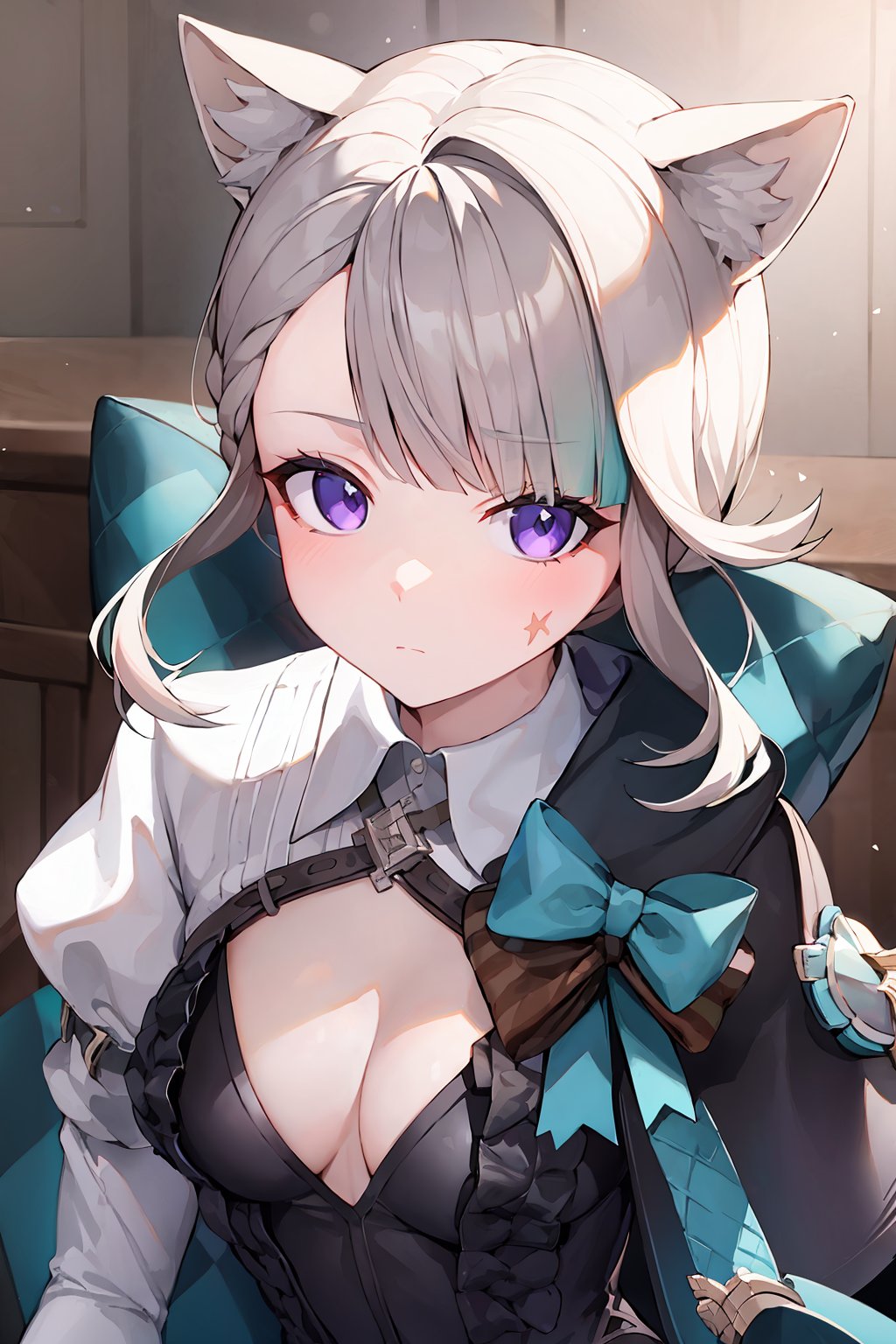 Masterpiece, best quality, 1girl, solo, GI Lynette, bangs, purple eyes, sidelocks, grey hair, braided bangs, cat ears, ponytail, long hair, cat girl, cat tail, black leotard, white shirt, chest strap, bow, aqua bow, cleavage, puffy sleeves, long sleeves, white gloves, looking at viewer, expressionless, upper body, deepthroat, penis, fellatio,  