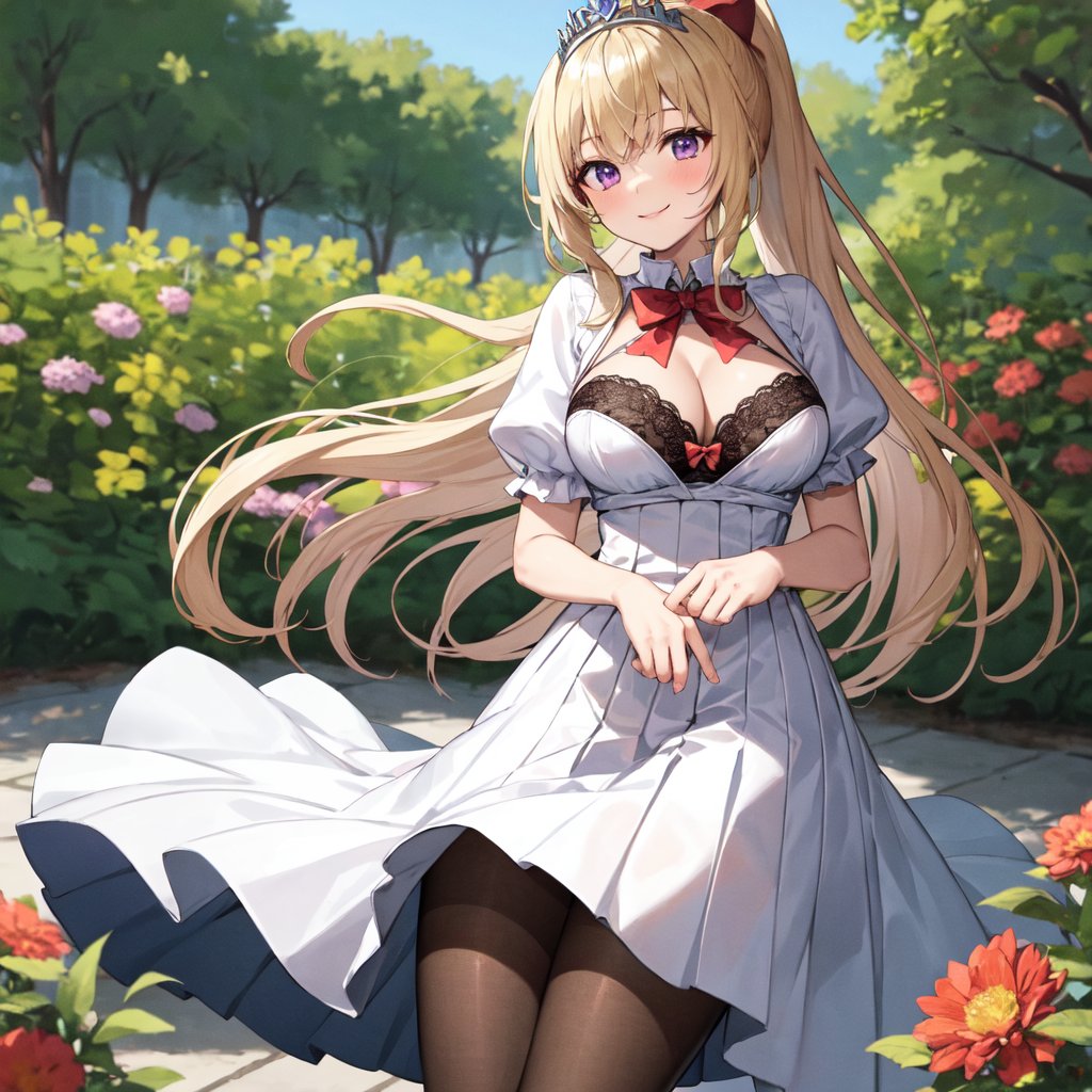 (masterpiece, best quality, highres), 1girl, princess, blonde hair, purple eyes, very long hair, ponytail, bangs, tiara, hair bow, bowtie, red bow, large breasts, white dress, cleavage, black bra, puffy sleeves, blue skirt, pleated skirt, black pantyhose, hands_on_own_chest, cowboy shot, garden, complex_background, looking at viewer, smile