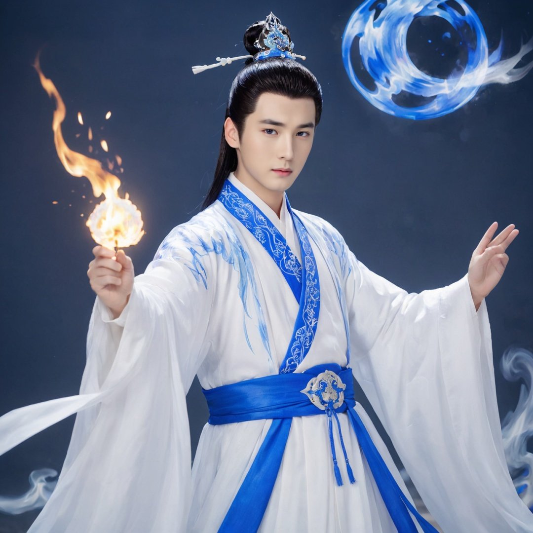 masterpiece, 1 boy, Hanfu, Use fire magic, Flame element, Fantasy art, Flying sparks, The background is Magic Array.,True Love,blue and white porcelain