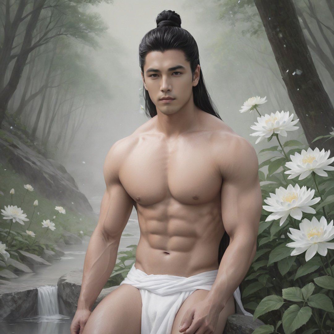 masterpiece, 1 Boy, Look at me, Handsome, Muscular development, Topless, Bun, Long black hair, Male focus, Sitting in a hot spring, Fog, outside, Deep in the forest, Fantasy art, artistic fusion, A large number of white flowers, Face me., The scars of the body, Realism, textured skin, super detail, best quality 