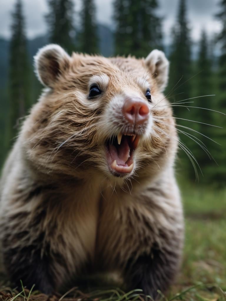 (hybrid:1.10) (hamster:1.0) (grizzly bear:1.05), (merge:1.1), fierce roar, close up|stormy day with angry sky. serene forest,|photographic, realism pushed to extreme, fine texture, incredibly lifelike, cinematic, large format camera, photo realism, DSLR, 8k uhd, hdr, ultra-detailed, high quality, high contrast