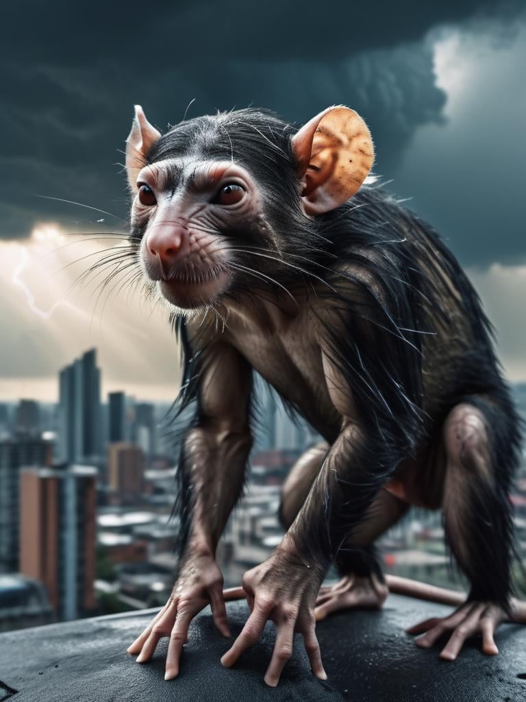 (hybrid:1.10) (mouse:1.15) (chimpanzee:0.65), (merge:1.1),|stormy day with angry sky. cyberpunk city,|photographic, realism pushed to extreme, fine texture, incredibly lifelike, cinematic, large format camera, photo realism, DSLR, 8k uhd, hdr, ultra-detailed, high quality, high contrast