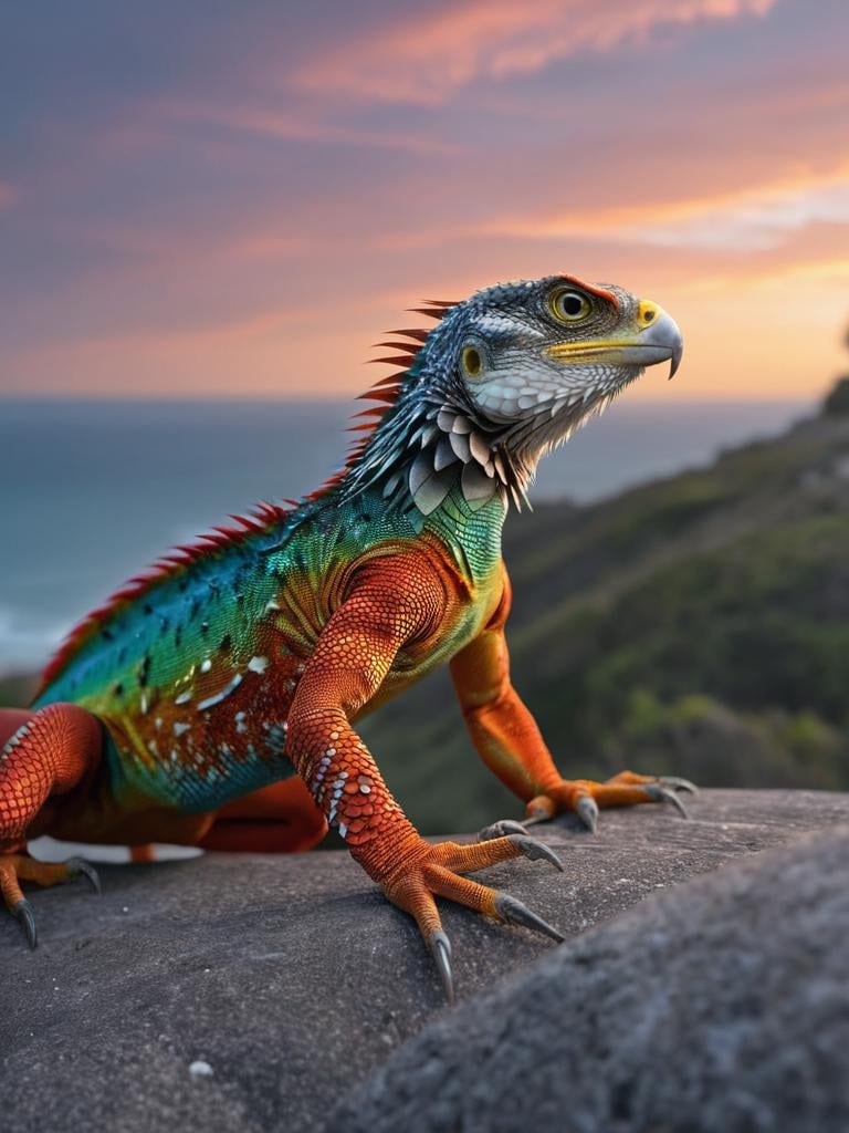 (hybrid:1.10) (eagle:0.95) (lizard:1.05), (merge:1.1), |calm day with colourful sky. serene coastal area,|photographic, realism pushed to extreme, fine texture, incredibly lifelike, cinematic, large format camera, photo realism, DSLR, 8k uhd, hdr, ultra-detailed, high quality, high contrast
