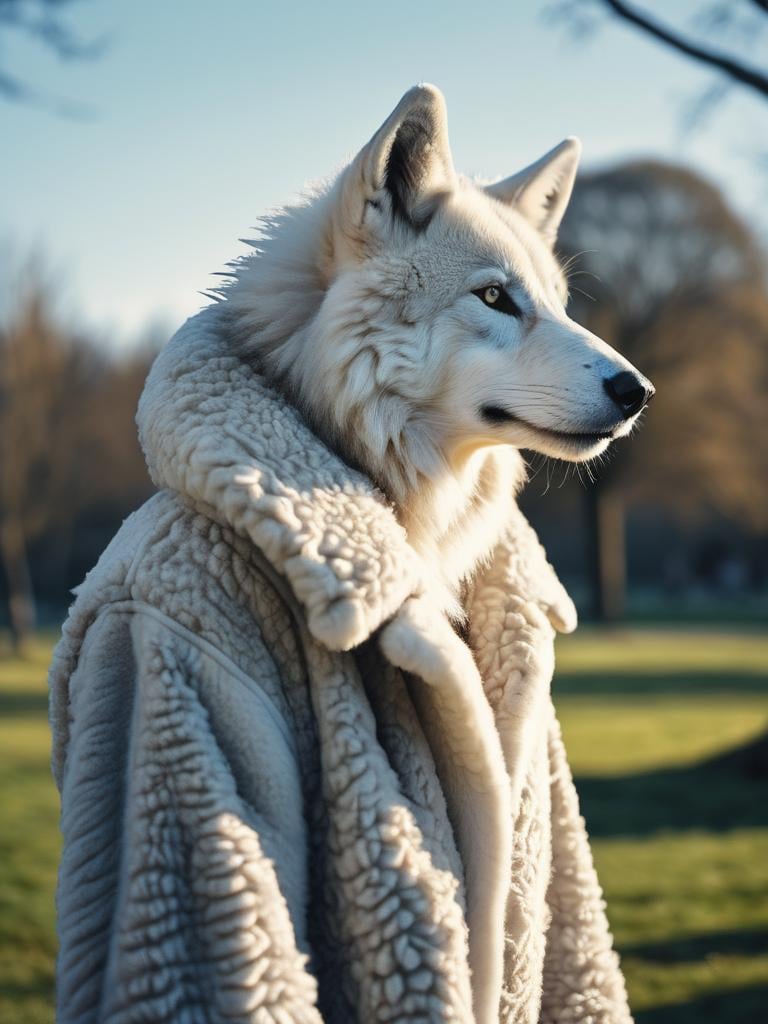 Hyperrealistic RAW analog photo of an anthro hybrid (wolf:1.1) wearing a (sheep skin coat:1.15) merge, walking through the park on a sunny morning, full circular moon in sky, stars,|(sharp focus, hyper detailed, highly intricate, physically based unbiased rendering:1.10), natural lighting, Extremely high-resolution details, photographic, realism pushed to extreme, fine texture, incredibly lifelike, cinematic, 35mm film, 35mm photography, film, photo realism, DSLR, 8k uhd, hdr, ultra-detailed, high quality, [[skin]]