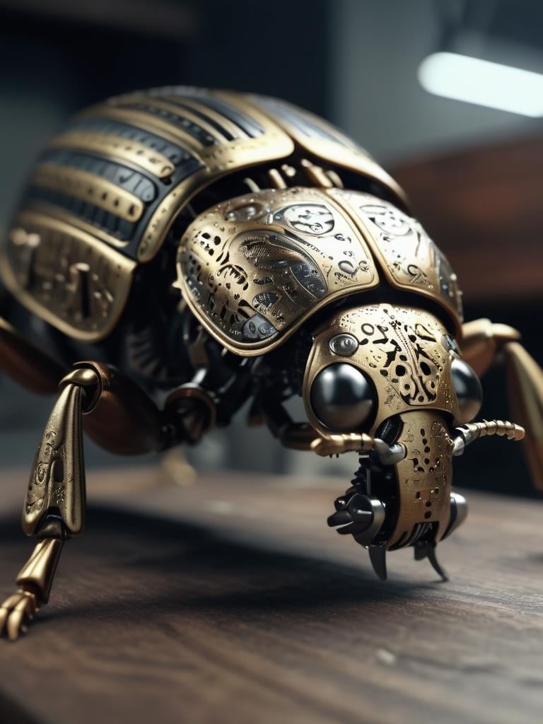 (hybrid:1.10) (detailed intricate mechanical clockwork parts:1.2) (insect beetle:0.95), (merge:1.1),|crawling along workbench|photographic, realism pushed to extreme, fine texture, incredibly lifelike, cinematic, large format camera, photo realism, DSLR, 8k uhd, hdr, ultra-detailed, high quality, high contrast