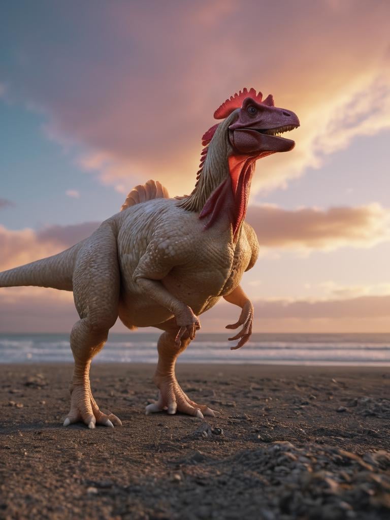 (hybrid:1.10) (chicken:1.25) (t-rex:0.95), (merge:1.1),|calm day with colourful sky. serene coastal area,|photographic, realism pushed to extreme, fine texture, incredibly lifelike, cinematic, large format camera, photo realism, DSLR, 8k uhd, hdr, ultra-detailed, high quality, high contrast