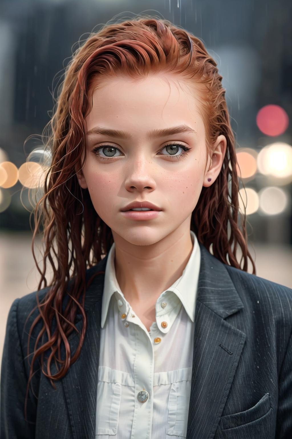 (DollieNobodySD15:0.8) portrait beautiful ginger woman wearing a business suit long sleeve button shirt caught in the rain curly red hair wet hair, busy city background night dark, (masterpiece:1.2) (illustration:1.1) (best quality:1.2) (detailed) (intricate) (8k) (HDR) (wallpaper) (cinematic lighting) (sharp focus) <lora:zovyaWetHairLORA64_V1:0.8>