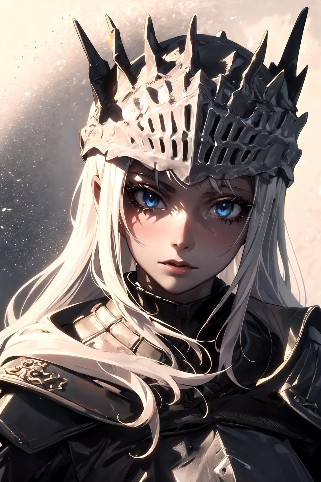 1girl, long  white hair, blue eyes, upper body,knight, detailed face, skinny, ashes, black sun, <lora:Soul_of_Cinder:0.8>,