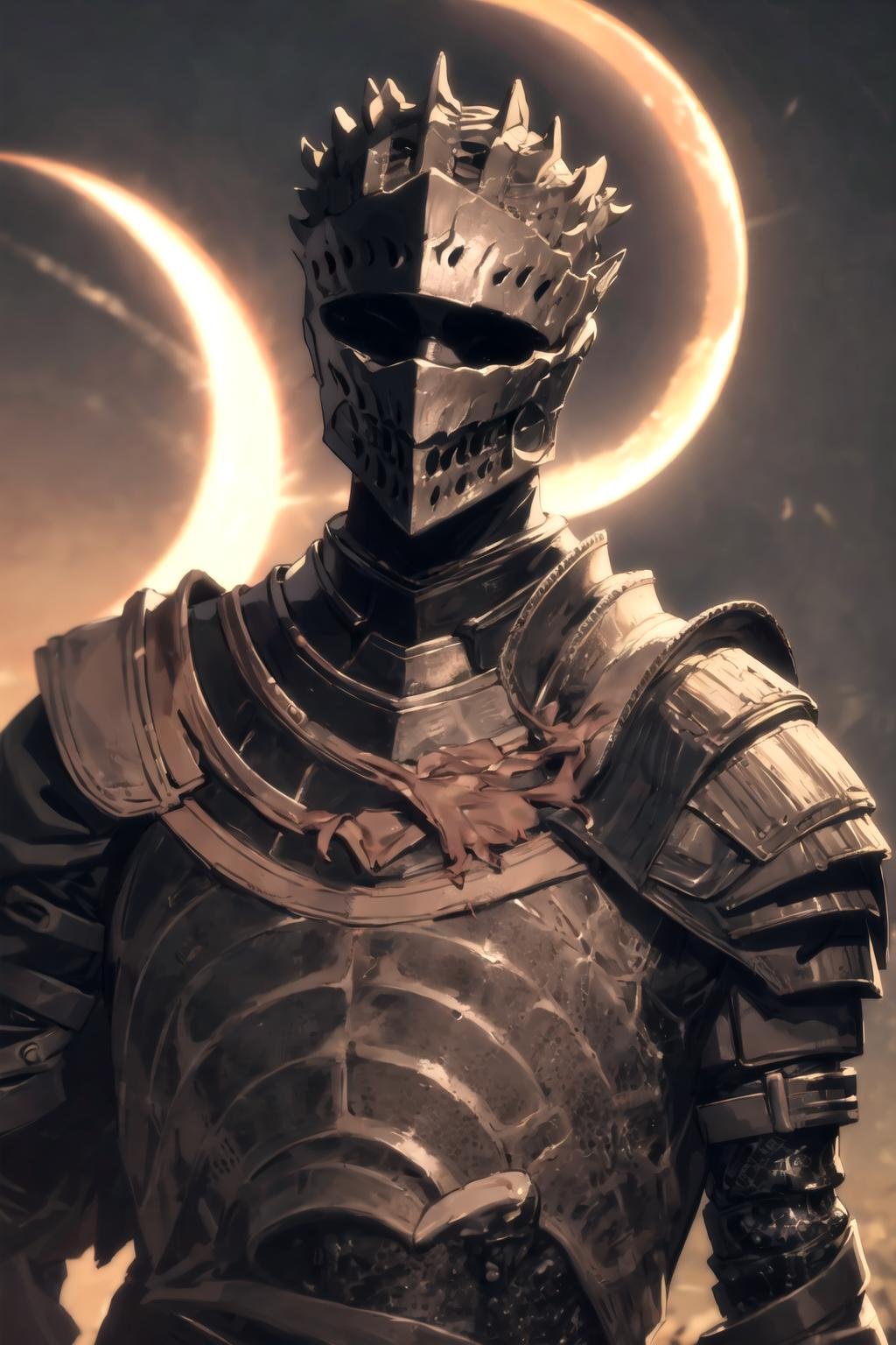 detailed, standing,upper body,  helm, skinny, ashes, <lora:Soul_of_Cinder:0.8>, black solar eclipse