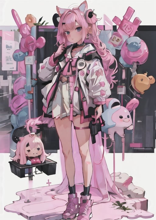 girl 1girl,  <lora:Harajukugirl:0.8>,harajukugirl,full body, pink hair, earrings, kawai \(purplrpouni\), upper body,