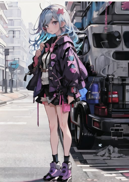 girl 1girl,  <lora:Harajukugirl:0.9>,harajukugirl,full body, blue hair, earrings, kawai \(purplrpouni\),street, building, sky,