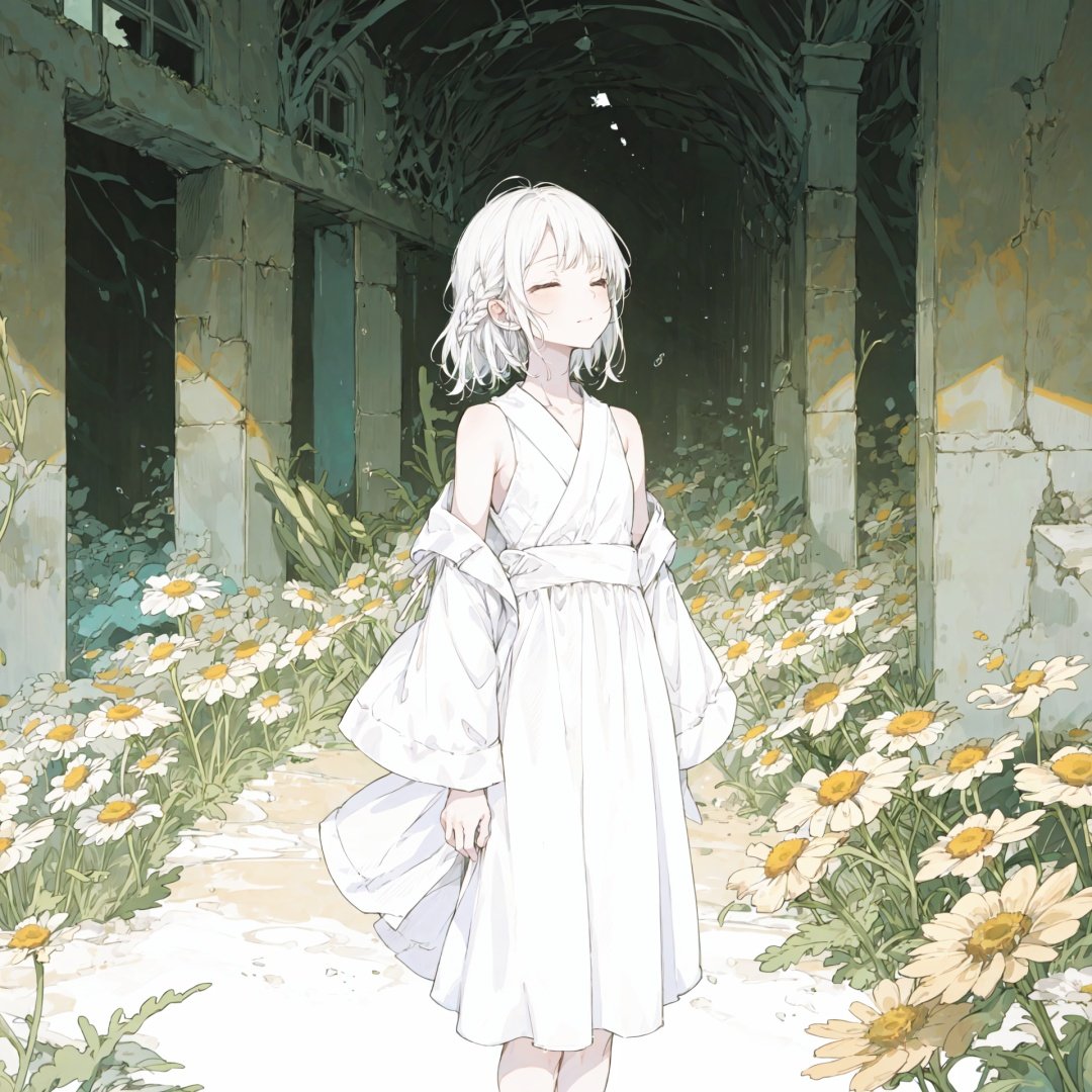 the setting sun,(((Chamomile))),Chamomile,cornflower,vines,forest,ruins,lens flare,hdr,Tyndall effect,damp,wet,1girl,bare shoulders,broken glass,broken wall,white hair,white dress,closed mouth,constel lation,flat color,braid,blinking,white robe,float,closed mouth,constel lation,flat color,looking up,standing,medium hair,standing,solo,